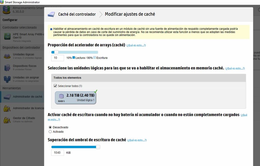 P408i a_Gen10_cache_config sobre hpe_smartarray