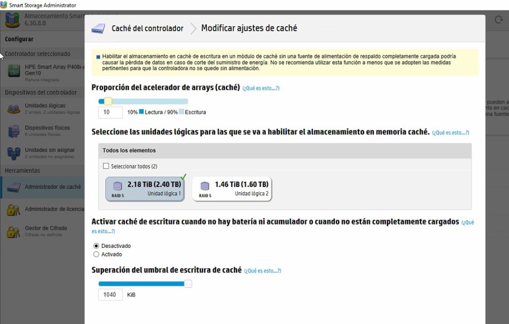 P408i a_Gen10_cache_config_smartPath_OFF sobre hpe_smartarray