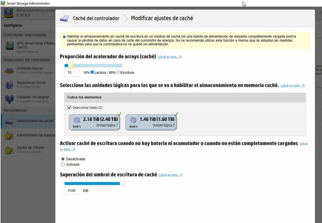 P408i a_Gen10_cache_config_smartPath_OFF_cache_ON sobre hpe_smartarray